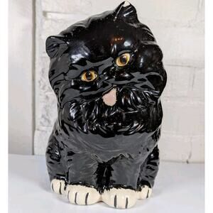 VTG Ceramic Black Cat MCM Glazed Persian Statue Figurine 10” Brown Eye